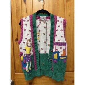 VTG Traditional Trading Hand Knit Sweater Vest Womens Medium Colorful Golf Print